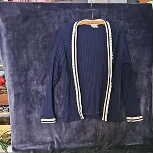 Vintage Navy Blue Open Cardigan with White Trim